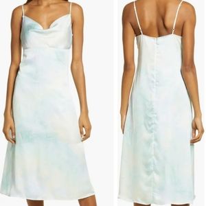 NWT Lulus Tranquil State Tie Dye Satin Cowl Neck Midi Dress Blue Medium